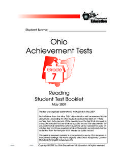 Student Name: _____________________________________  Ohio Achievement Tests Grade