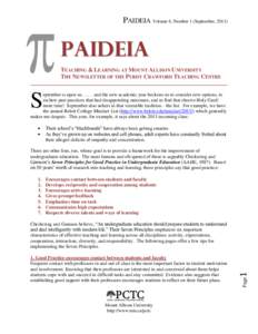 PAIDEIA Volume 6, Number 1 (September, [removed]PAIDEIA TEACHING & LEARNING AT MOUNT ALLISON UNIVERSITY THE NEWSLETTER OF THE PURDY CRAWFORD TEACHING CENTRE