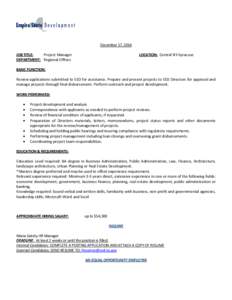 December 17, 2014 JOB TITLE: Project Manager DEPARTMENT: Regional Offices  LOCATION: Central NY-Syracuse