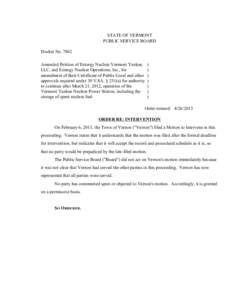 7862 Prehearing Conference Memorandum STATE OF VERMONT PUBLIC SERVICE BOARD Docket No[removed]Amended Petition of Entergy Nuclear Vermont Yankee, LLC, and Entergy Nuclear Operations, Inc., for