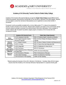 Academy of Art University Transfer Guide for Diablo Valley College Academy of Art University will accept the following courses from Diablo Valley College towards fulfillment of the Liberal Arts graduation requirements fo