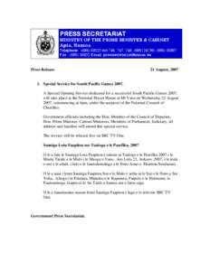 PRESS SECRETARIAT  MINISTRY OF THE PRIME MINISTER & CABINET Apia, Samoa Telephone : ([removed]ext 746, 747, 748, ([removed], ([removed]