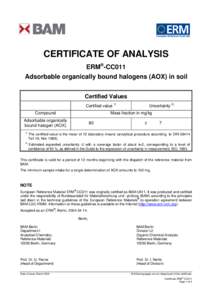 CERTIFICATE OF ANALYSIS ERM®-CC011 Adsorbable organically bound halogens (AOX) in soil Certified Values Certified value 1) Compound