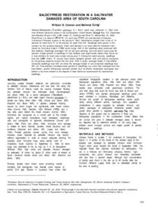 BALDCYPRESS RESTORATION IN A SALTWATER DAMAGED AREA OF SOUTH CAROLINA William H. Conner and Mehmet Ozalpl Abstract-Baldcypress (Taxodium disfichum (L.) Rich.) seed was collected in 1992 from nine different estuarine area