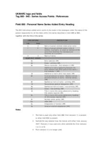 UKMARC tags and fields Tag[removed] : Series Access Points / References Field 800 : Personal Name Series Added Entry Heading The 800 field allows added entry points to be made in the catalogue under the name of the pers