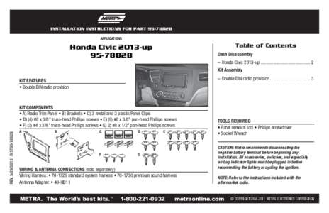 INSTALLATION INSTRUCTIONS FOR PART 95-7882B APPLICATIONS Table of Contents  Honda Civic 2013-up