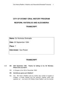 Oral History/Redfern, Waterloo and Alexandria/Shehadie/Transcript  1 CITY OF SYDNEY ORAL HISTORY PROGRAM REDFERN, WATERLOO AND ALEXANDRIA