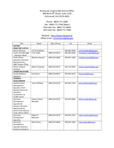 Richmond, Virginia SBA District Office 400 North 8th Street, Suite 1150 Richmond, VA[removed]Phone: ([removed]Fax: ([removed]Main) Alternate Fax: ([removed]