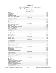 Chapter 7 Beginning Addition and Subtraction Table of Contents Before We Begin Stories ...............................................................................................................................122 1,