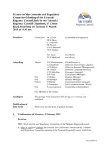 Minutes of the Consents and Regulatory Committee Meeting of the Taranaki Regional Council, held in the Taranaki Regional Council Chambers, 47 Cloten Road, Stratford, on Tuesday 17 March 2015 at[removed]am.