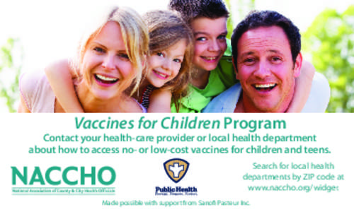 Vaccines for Children Program  Contact your health-care provider or local health department about how to access no- or low-cost vaccines for children and teens. Search for local health departments by ZIP code at