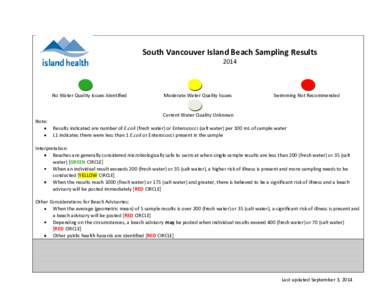 South Vancouver Island Beach Sampling Results 2014 No Water Quality Issues Identified  Moderate Water Quality Issues