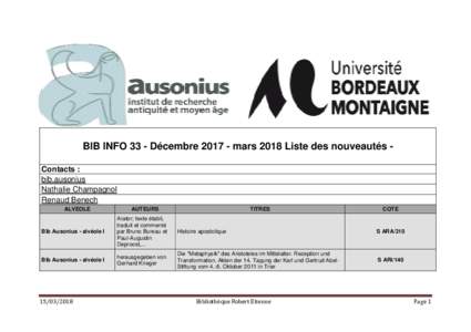 BIB INFO 33 - Décembremars 2018 Liste des nouveautés Contacts : bib.ausonius Nathalie Champagnol Renaud Benech ALVEOLE