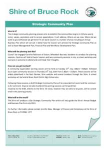 Strategic Community Plan What is it? The strategic community planning process aims to establish the communies long term (10 plus years) vision, values, aspiraons and its service expectaons. It will address; Where are 