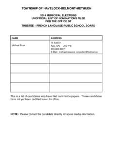 TOWNSHIP OF HAVELOCK-BELMONT-METHUEN 2014 MUNICIPAL ELECTIONS UNOFFICIAL LIST OF NOMINATIONS FILED FOR THE OFFICE OF TRUSTEE – FRENCH LANGUAGE PUBLIC SCHOOL BOARD