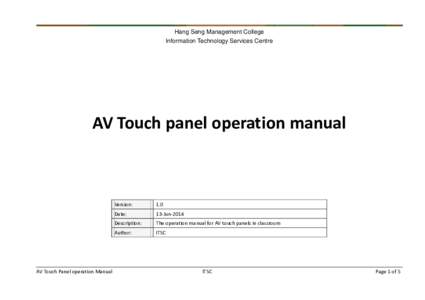 Hang Seng Management College Information Technology Services Centre AV Touch panel operation manual  AV Touch Panel operation Manual