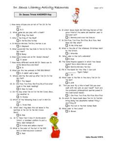 Dr. Seuss Literacy Activity Resources  page 1 of 2 Dr. Seuss Trivia! ANSWER Key