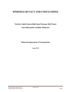 Findings of Fact and Conclusions - Northern Lights Express High Speed Passenger Rail Project from Minneapolis to Duluth, Minn.