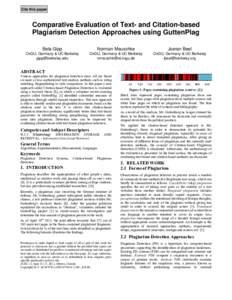 Cite this paper  Comparative Evaluation of Text- and Citation-based Plagiarism Detection Approaches using GuttenPlag Bela Gipp