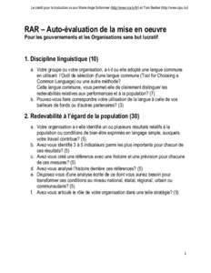 Le crédit pour la traduction va aux Marie-Ange Schimmer (http://www.rce.lu/fr/) et Tom Becker (http://www.cipu.lu/)  RAR – Auto-évaluation de la mise en oeuvre Pour les gouvernements et les Organisations sans but luc