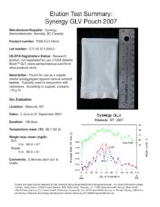Elution Test Summary: Synergy GLV Pouch 2007 Manufacturer/Supplier: Synergy Semiochemicals, Burnaby, BC Canada Product number: P205 GLV blend Lot number: CTI[removed]S45.0