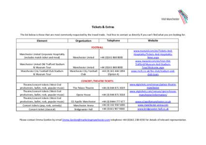 Tickets & Extras The list below is those that are most commonly requested by the travel trade. Feel free to contact us directly if you can’t find what you are looking for. Element  Telephone