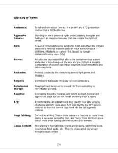 Glossary of Terms  Abstinence: To refrain from sexual contact. It is an HIV and STD prevention method that is 100% effective.