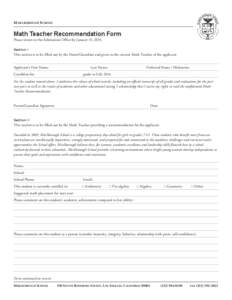 M arlborough School  Math Teacher Recommendation Form Please return to the Admissions Office by January 31, 2014. Section I