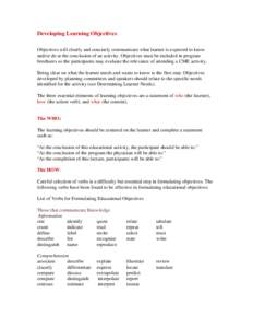 Developing Learning Objectives Objectives will clearly and concisely communicate what learner is expected to know and/or do at the conclusion of an activity. Objectives must be included in program brochures so the partic