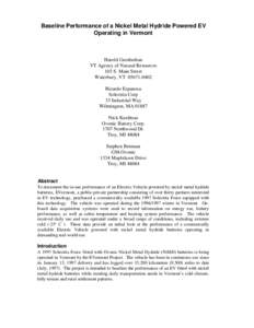 Baseline Performance of a Nickel Metal Hydride Powered EV Operating in Vermont Harold Garabedian VT Agency of Natural Resources 103 S. Main Street