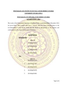 POSTGRADUATE INSTITUTE OF PALI AND BUDDHIST STUDIES UNIVERSITY OF KELANIYA POSTGRADUATE DIPLOMA IN BUDDHIST STUDIES EXAMINATION –2014 The results of the Postgraduate Diploma in Buddhist Studies examination held in Dece