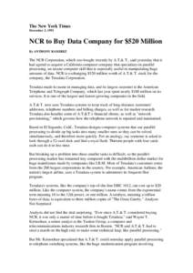 The New York Times December 3, 1991 NCR to Buy Data Company for $520 Million By ANTHONY RAMIREZ
