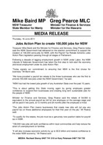 Treasurer Media Release:  Jobs Action Plan to create 100,000 jobs for NSW - 16 June 2011