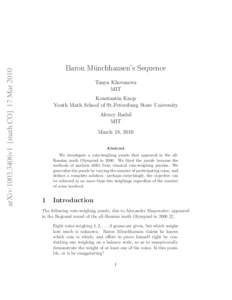 arXiv:1003.3406v1 [math.CO] 17 MarBaron M¨unchhausen’s Sequence Tanya Khovanova MIT Konstantin Knop