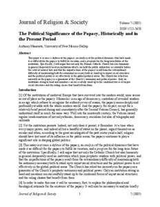 Journal of Religion & Society  Volume[removed]ISSN[removed]The Political Significance of the Papacy, Historically and in