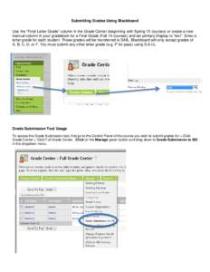 Submitting Grades Using Blackboard Use the “Final Letter Grade” column in the Grade Center (beginning with Spring 15 courses) or create a new manual column in your gradebook for a Final Grade (Fall 14 courses) and se