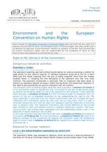 Factsheet – Environment and ECHR January 2015 This factsheet is not exhaustive and does not bind the Court Environment and