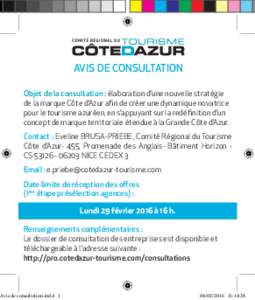 AVIS DE CONSULTATION Objet de la consultation : élaboration d’une nouvelle stratégie de la marque Côte d’Azur afin de créer une dynamique novatrice pour le tourisme azuréen, en s’appuyant sur la redéfinition 