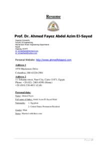 Resume  Prof. Dr. Ahmed Fayez Abdel Azim El-Sayed Zagazig University Faculty of Engineering Mechanical Power Engineering Department