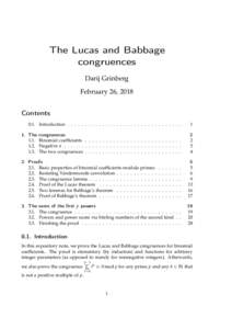 The Lucas and Babbage congruences Darij Grinberg February 26, 2018 Contents 0.1. Introduction . . . . . . . . . . . . . . . . . . . . . . . . . . . . . . . . .