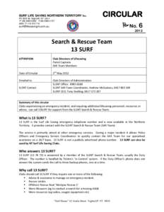 SURF LIFE SAVING NORTHERN TERRITORY Inc. PO BOX 96 Nightcliff NT 0814 P[removed]F[removed]ABN: [removed]CIRCULAR