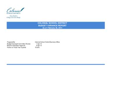 COLONIAL SCHOOL DISTRICT BUDGET VARIANCE REPORT As of February 28, 2014 Prepared By: Budget Oversight Committee Review: