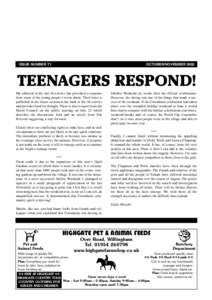 ISSUE NUMBER 71  OCTOBER/NOVEMBER 2002 TEENAGERS RESPOND! My editorial in the last Newsletter has provoked a response