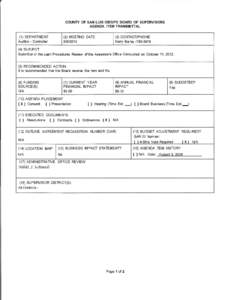 COUNTY OF SAN LUIS OBISPO BOARD OF SUPERVISORS AGENDA ITEM TRANSMITTAL (1) DEPARTMENT Auditor - Controller  (2) MEETING DATE