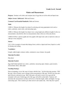 Grade Level: Second Matter and Measurement Purpose: Students will collect and compare data of eggs that are in the solid and liquid state. Subject Area(s) Addressed: Math and Science Common Core/Essential Standards: Math