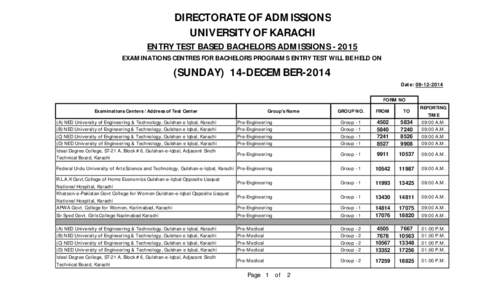 DIRECTORATE OF ADMISSIONS UNIVERSITY OF KARACHI ENTRY TEST BASED BACHELORS ADMISSIONS[removed]EXAMINATIONS CENTRES FOR BACHELORS PROGRAMS ENTRY TEST WILL BE HELD ON  (SUNDAY) 14-DECEMBER-2014