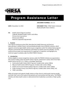 Program Assistance Letter[removed], HRSA Patient-Centered Medical/Health Home Initiative