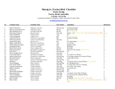 Massig Is. (Yorke) Bird Checklist Yorke Group Torres Strait Australia04s29e Compiled by Michael K. Tarburton, Pacific Adventist University, PNG.