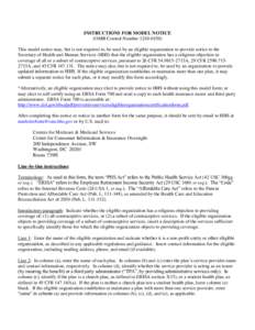 INSTRUCTIONS FOR MODEL NOTICE (OMB Control Number[removed]This model notice may, but is not required to, be used by an eligible organization to provide notice to the Secretary of Health and Human Services (HHS) that t