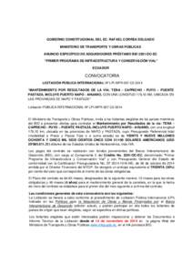 GOBIERNO CONSTITUCIONAL DEL EC. RAFAEL CORREA DELGADO MINISTERIO DE TRANSPORTE Y OBRAS PÚBLICAS ANUNCIO ESPECÍFICO DE ADQUISICIONES PRÉSTAMO BID 2201/OC-EC 